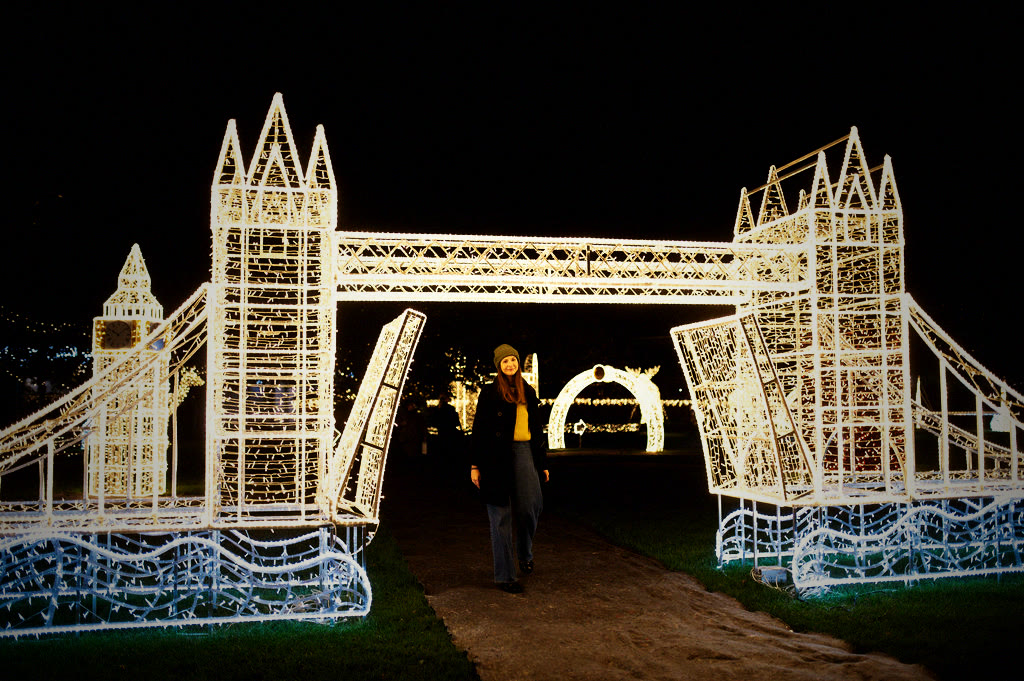 Prague Light Park — Tower Bridge of London recreated in light, visitor walking through